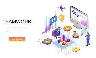 Modern flat design isometric concept of Teamwork decorated people character for website and mobile website development. Isometric landing page template. Vector illustration.