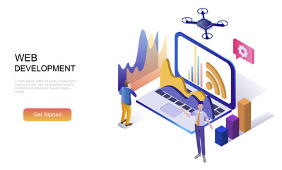 Modern flat design isometric concept of Web Development decorated people character for website and mobile website development. Isometric landing page template. Vector illustration.