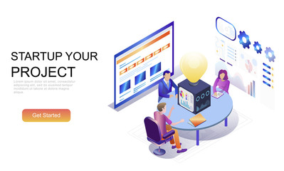 Modern flat design isometric concept of Startup Your Project decorated people character for website and mobile website development. Isometric landing page template. Vector illustration.