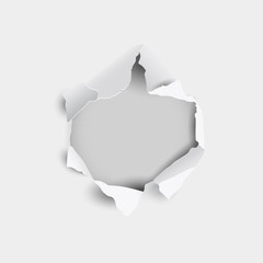 Torn hole and ripped in sheet paper on a gray background, 3d realistic style