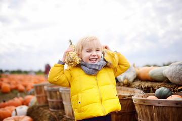 Little boy having fun on a tour of a pumpkin farm at autumn.