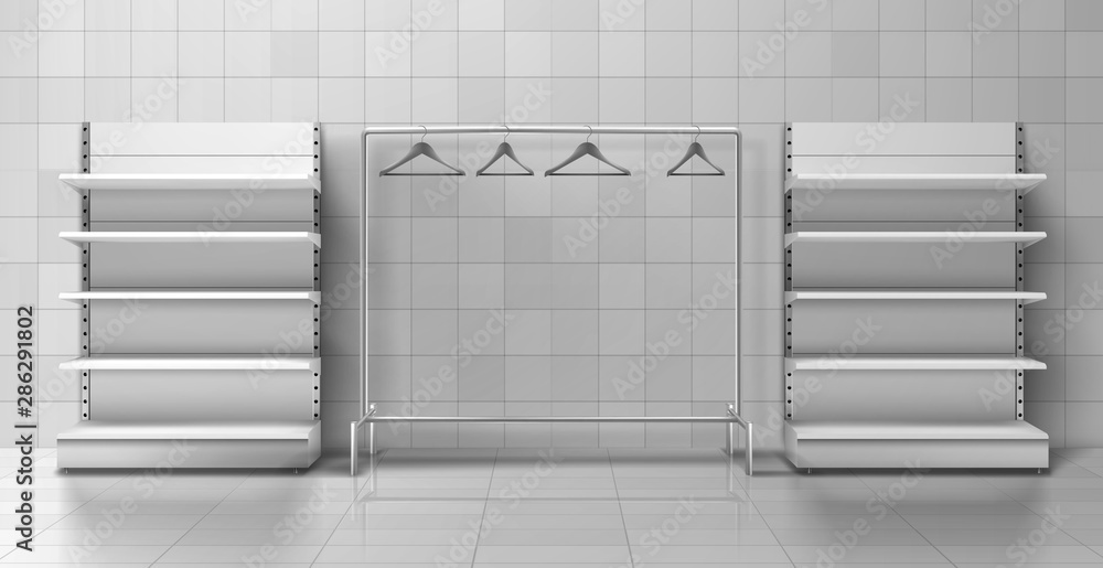 Wall mural Two heavy racks with empty shelves, clothes hangers hanging on display stand in shop trading hall 3d realistic vector. Retail store supplies, trading business equipment and furniture illustration