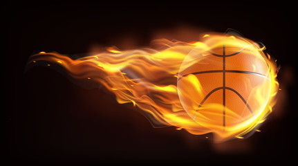 Firing, flying engulfed in flames basketball ball 3d realistic vector illustration isolated on black background. Hot competition, contest or championship concept. Sports inventory ad design element - obrazy, fototapety, plakaty