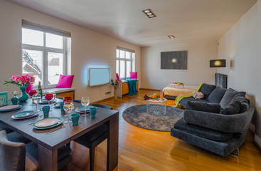 Light spacious apartment with furniture and decorations.