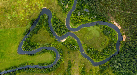 Top view drone shot of a green field, forest and river