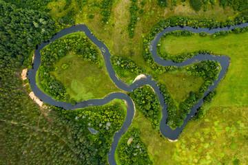 Top view drone shot of a green field, forest and river