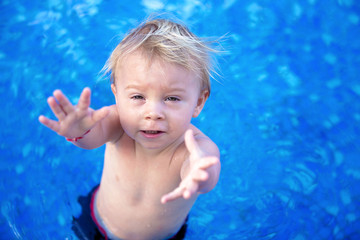 Fototapeta na wymiar Adorable happy little child, toddler boy, having fun relaxing and playing in a pool on sunny day during summer vacation