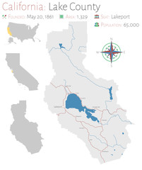 Large and detailed map of Lake county in California, USA