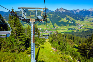 View of the Tannheimer valley in Austria from the chairlift.