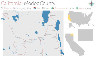 Large and detailed map of Modoc county in California, USA