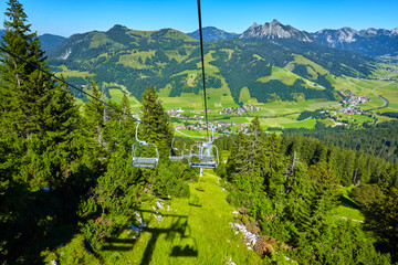 View of the Tannheimer valley in Austria from the chairlift.