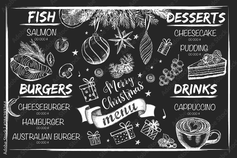 Poster christmas menu design. restaurant menu. hand drawn illustration