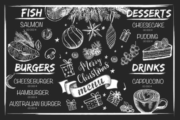 Christmas menu design. Restaurant menu. Hand drawn illustration
