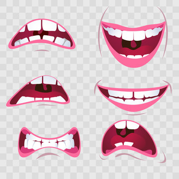 Cartoon mouth with emotions - joy and sadness, resentment and shock, joy and cry, on a transparent