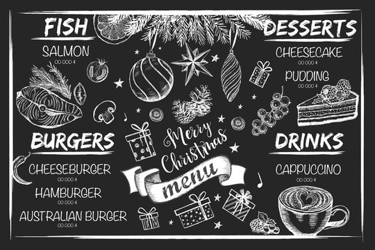 Christmas menu design. Restaurant menu. Hand drawn illustration
