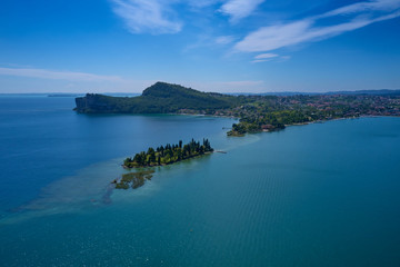 Aerial photography with drone, Rocca di Manerba, Isola di San Biagio in Garda lake,Italy.