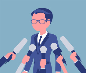 Tv interview microphones, broadcasting male speech. Popular young man recording opinion, business, political celebrity gives comments for news, reportage. Vector illustration, faceless character
