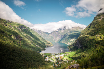 Naklejka na ściany i meble Mountain landscape of Geiranger in Norway