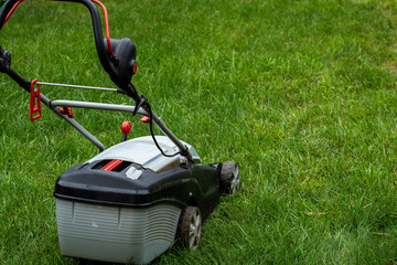 The gardener mows the grass with electric mower. Work in the garden, spring cleaning. Care for the garden and grass