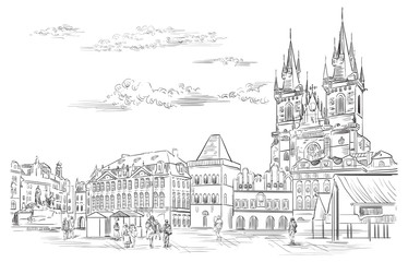 Vector hand drawing Prague 10