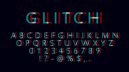 English letters, numbers and symbols with glitch effect. Font witn distortion effect. Red and blue channels.