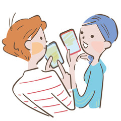 スマホを持ち笑顔で会話するカップル　イラスト