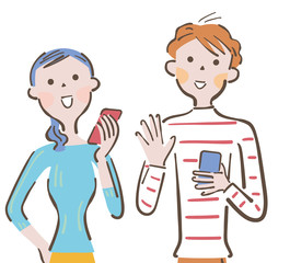 スマホを持ちコミニュケーションするカップル　イラスト