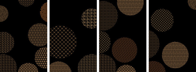 Covers with circles and different golden geometric patterns on black, vector set