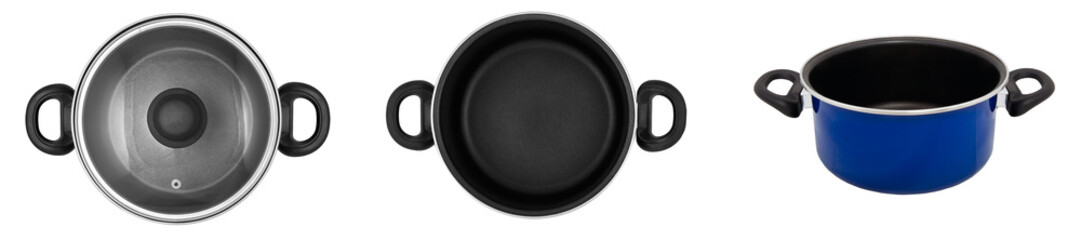 Top view and front view set of images of cooking pot (pan) with and without lid isolated on white background © maksim_e