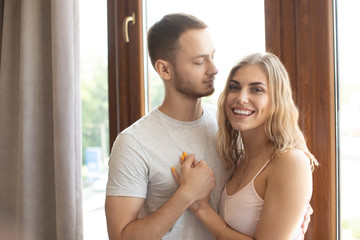 Portrait of his he her she two nice attractive lovely lovable sweet gentle charming cheerful cheery positive people spending day daydream having fun at home house apartment indoors.