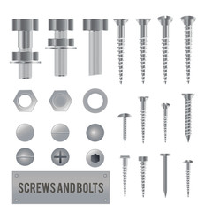 Set of 3d realistic metal screws, stainless steel bolts, nuts, rivets and nails isolated on white background. 