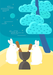Korean traditional animal drawing. Rabbits on the moon. Vector illustration.