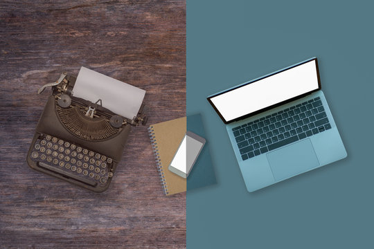 Past, present and future of technology and devices, from typewriter to computer,Top view.