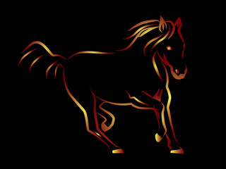 Silhouette of a horse on a black background raped with fiery lines.