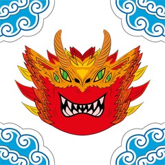 The big red head of a Chinese dragon in the sky. Dragon with two pairs of eyes, horns and white teeth.