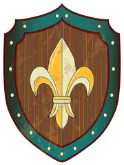 Wooden shield with metal trim and gold lily.