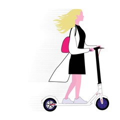 Girl rides on a white electric scooter, environmentally friendly transport. Electrostatic scooter of the future, transportation of a big city.
