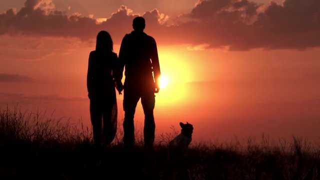 silhouette couple with french bulldog posing at sunrise on the hill woman holding man hand near sitting little dog slow motion
