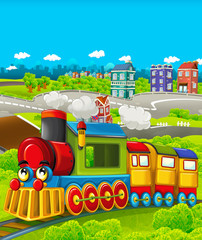 Cartoon funny looking steam train going through the city - illustration for children
