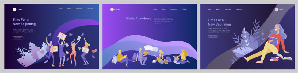 Set of web page design templates with relaxed learning people outdoor and graduate for online education, training and courses. Modern vector illustration concepts - obrazy, fototapety, plakaty