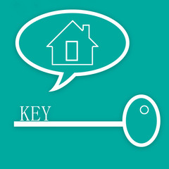 White key to the apartment with the inscription KEY. Residential building sign at the top of the picture. Conceptual illustration.