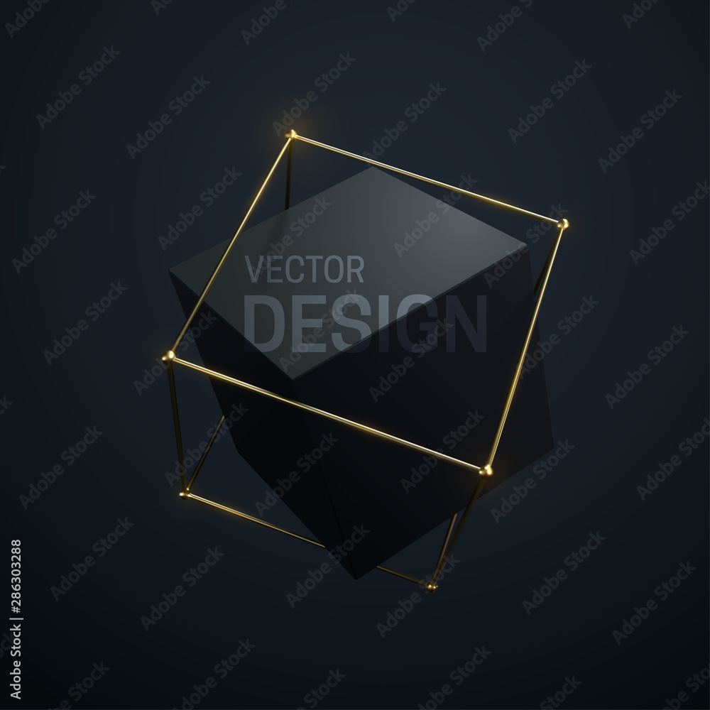 Poster abstract geometric composition with black cube and golden lattice structure.