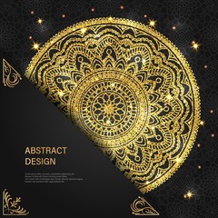 Abstract luxury glitter mandala on dark background with shine light. Ornament elegant invitation for wedding card. Gift invite with royal motif. Backdrop cover banner illustration vector design