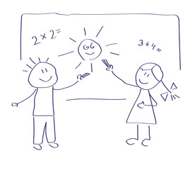 Students stand at the blackboard and draw the sun. Vector illustration. 