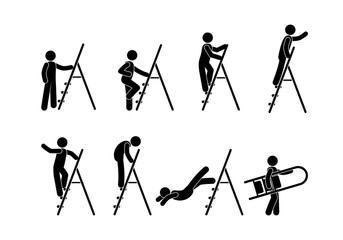 man with stepladder icons, isolated pictograms of people, stick figure human silhouette, set of illustrations of man on stairs