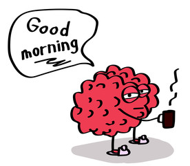 The brain is drinking coffee on a white background. Vector illustration.