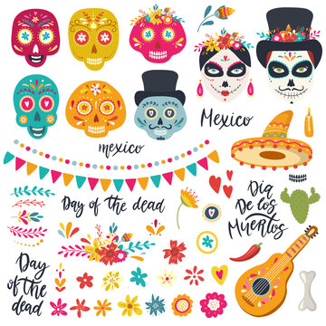 Set of elements for Day of the Dead, Dia de los Muertos