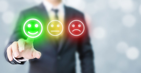 Businessmen choose to rating score happy icons. Customer service experience and business...