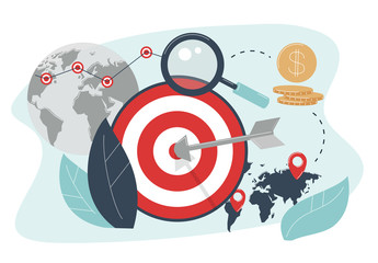 The concept of geographical targeting. Arrow hit target. Advertising settings for the target audience by location. - obrazy, fototapety, plakaty