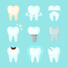 Cute teeth colorful set with different tooth conditions. Healthy and bad teeth. Cartoon vector tooth isolated illustration.